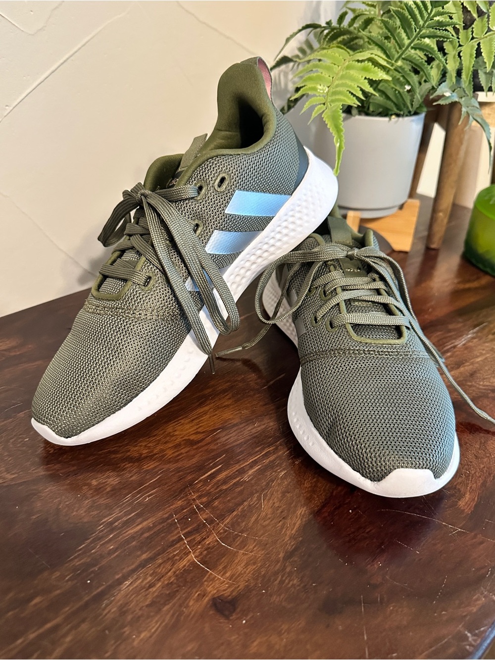 Women’s Adidas Olive Green Puremotion Athletic Sneakers with White Sole
